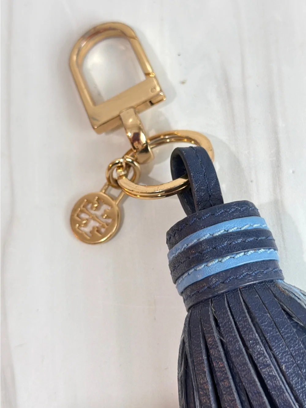 TORY BURCH LEATHER TWO TONE BLUE LIGHT BLUE KEY FOB PURSE CHARM TASSEL